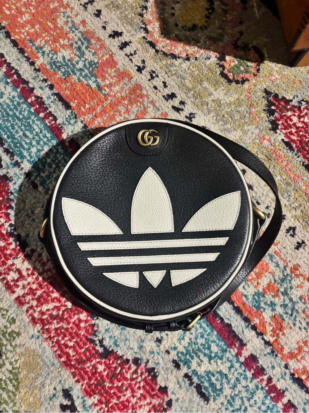 Gucci x Adidas Black Leather Round Crossbody with White Trefoil